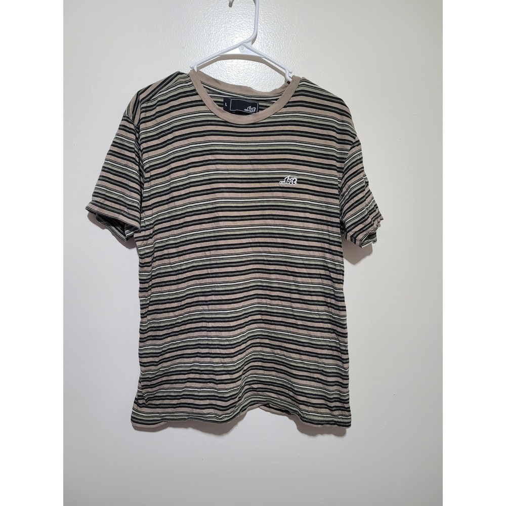 Lost Enterprises T-Shirt Mens Large Tan Green Striped Surf Skate Cotton